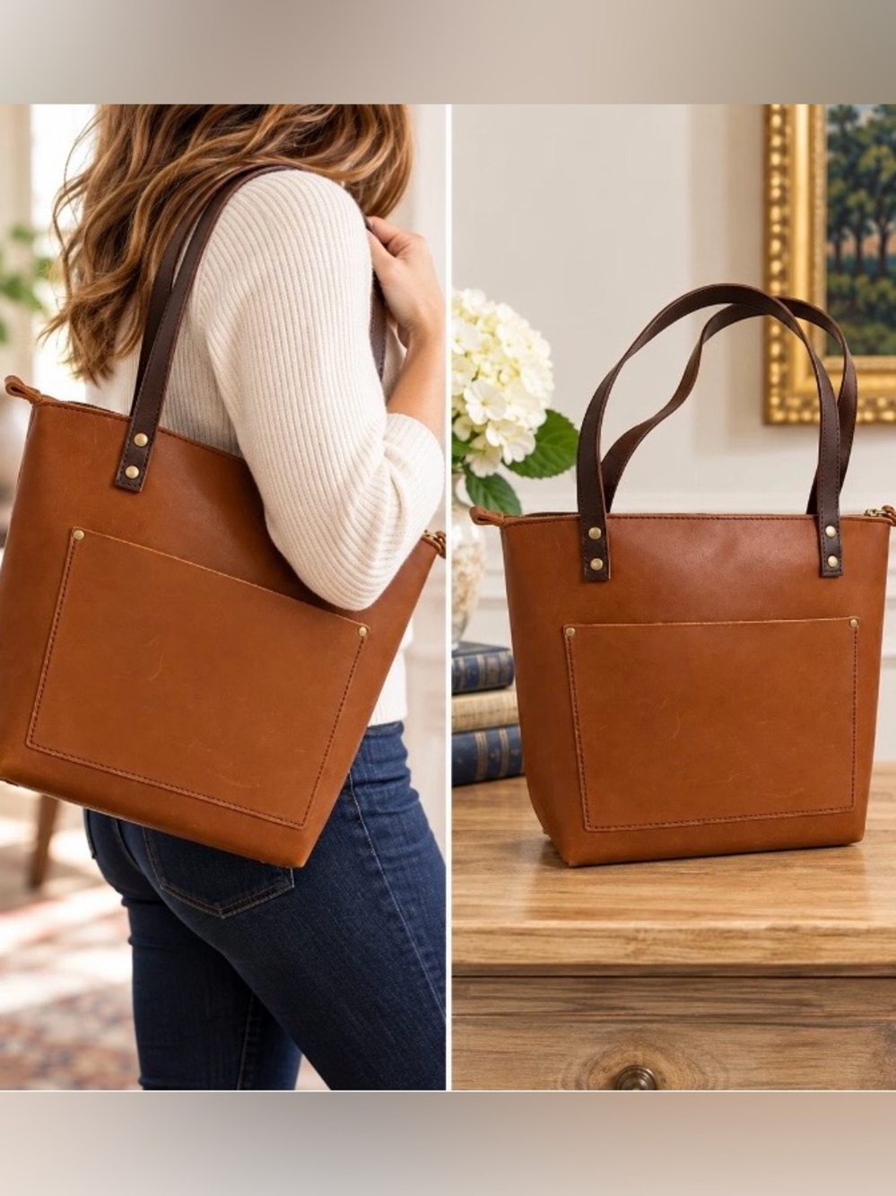 Portland Leather Goods Brown Leather Tote Bag Zip Top Pocket Brass Hardware Y2K